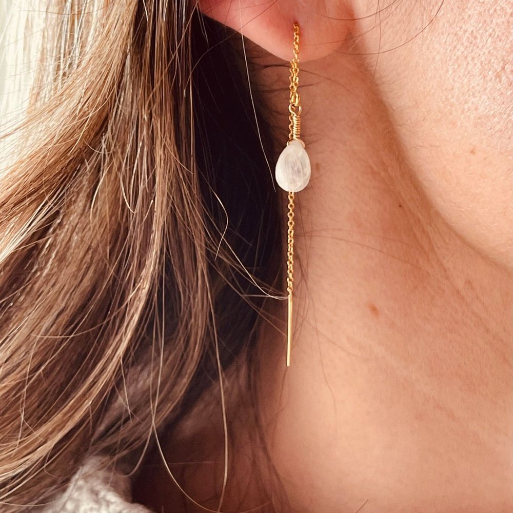 Women's Rainbow Moonstone Earrings - 14K Gold-Filled Chain Drop Earrings